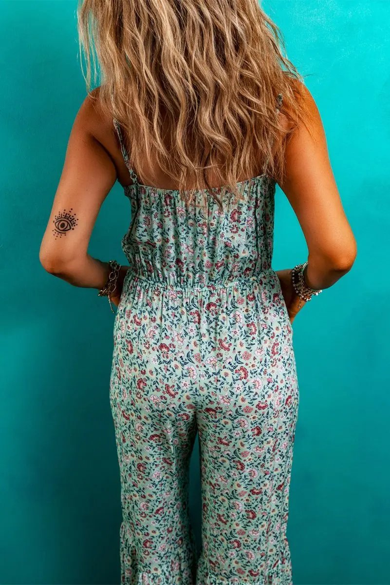 Green Bohemian Floral Ruffle Bottom Spaghetti Strap Jumpsuit - Love Salve